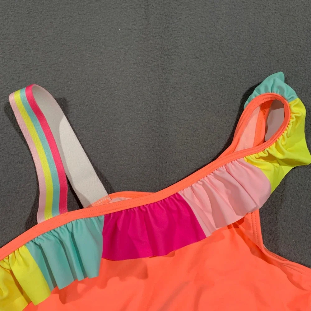 Unbranded Bikini Girls Size 12 Neon Orange Aqua Ruffle One Shoulder Swimsuit